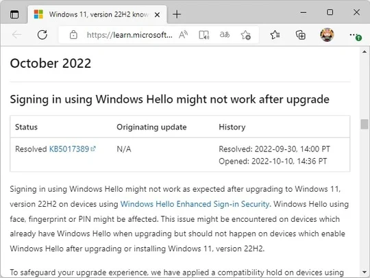 22H2に更新後、「Windows Hello」でサインインできない問題のお話