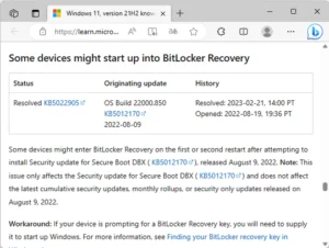 「KB5012170」が原因で「BitLocker」の回復キーが必要になる問題は解決というお話